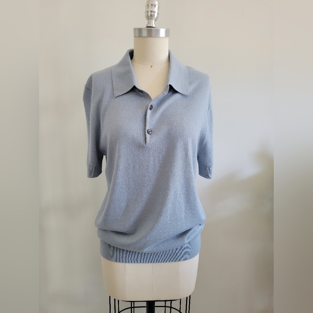 BNWT BANANA REPUBLIC blue cashmere and silk knit button short sleeve polo shirt